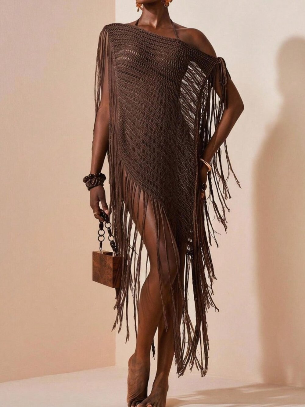 Rust Brown Elegant Women's Knit Off-Shoulder Tassel Cover-Up - Picture 11 of 11